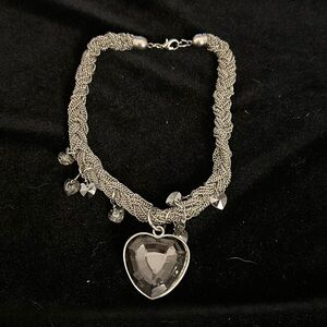 Silvertone multi strand necklace  large smoky grey glass heart. Vintage & cute
